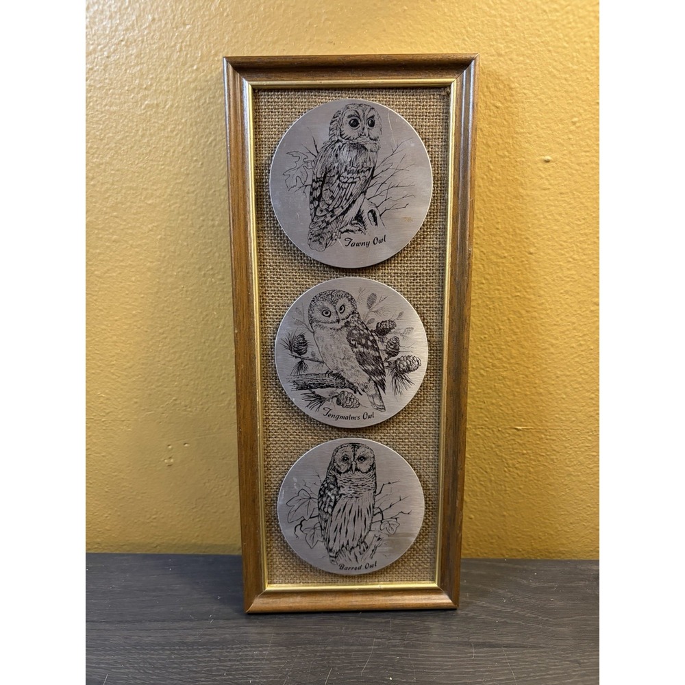 Vintage English Stainless Steel Decorative Owl Art Framed Industrial Retro